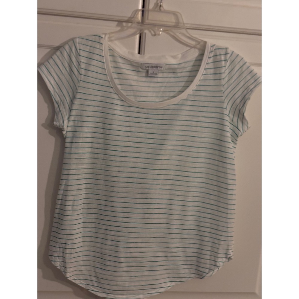 Liz Claiborne Womens Teal White Striped Cotton Scoop Neck T-Shirt Size S